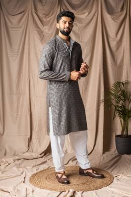 Grey color rayon fabric festive wear ethnic men's embroidered kurta payjama 5