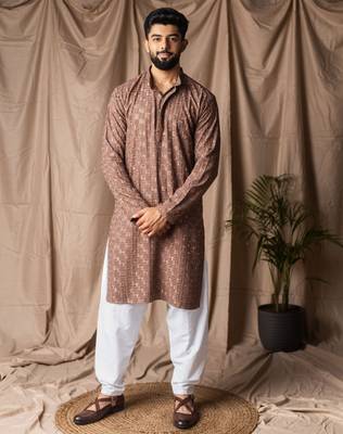 Brown color rayon fabric festive wear ethnic men's embroidered kurta payjama 1