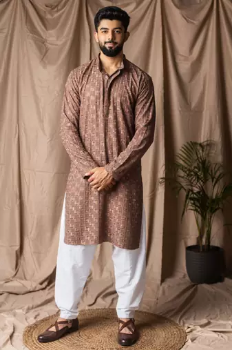 Brown color rayon fabric festive wear ethnic men's embroidered kurta payjama