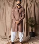 Brown color rayon fabric festive wear ethnic men's embroidered kurta payjama