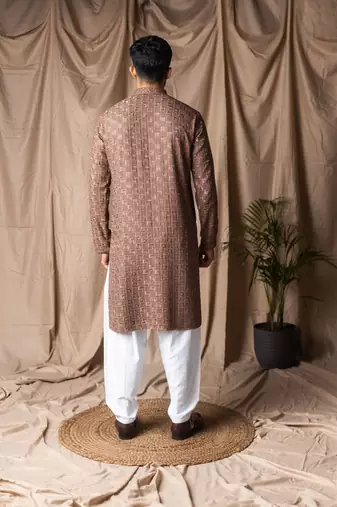 Brown color rayon fabric festive wear ethnic men's embroidered kurta payjama