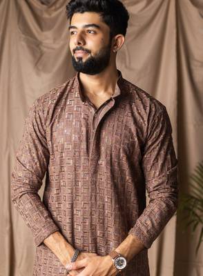 Brown color rayon fabric festive wear ethnic men's embroidered kurta payjama 3