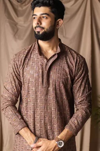 Brown color rayon fabric festive wear ethnic men's embroidered kurta payjama