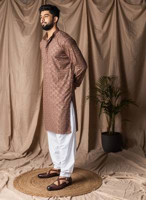 Brown color rayon fabric festive wear ethnic men's embroidered kurta payjama 4