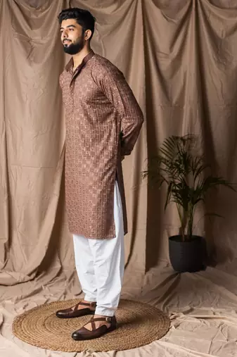 Brown color rayon fabric festive wear ethnic men's embroidered kurta payjama