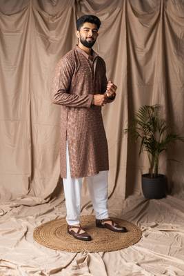 Brown color rayon fabric festive wear ethnic men's embroidered kurta payjama 5