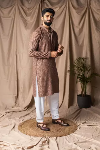 Brown color rayon fabric festive wear ethnic men's embroidered kurta payjama