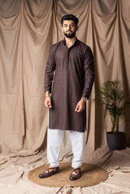 Dark brown color rayon fabric festive wear ethnic men's embroidered kurta payjama 1