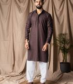 Dark brown color rayon fabric festive wear ethnic men's embroidered kurta payjama