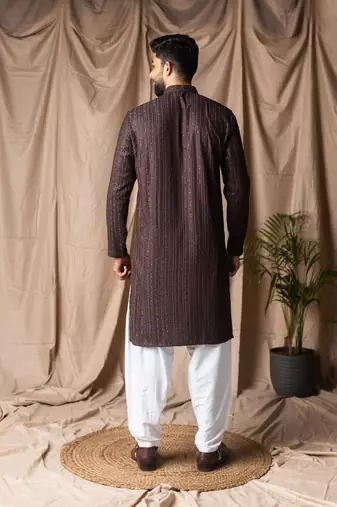 Dark brown color rayon fabric festive wear ethnic men's embroidered kurta payjama