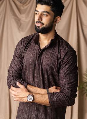 Dark brown color rayon fabric festive wear ethnic men's embroidered kurta payjama 3