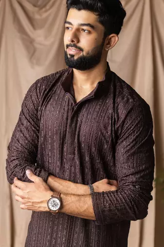 Dark brown color rayon fabric festive wear ethnic men's embroidered kurta payjama