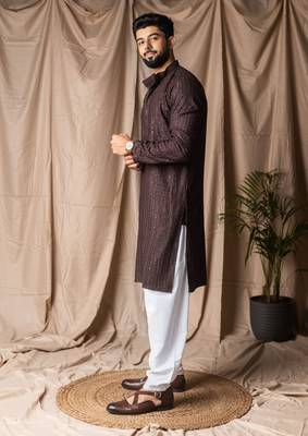 Dark brown color rayon fabric festive wear ethnic men's embroidered kurta payjama 4