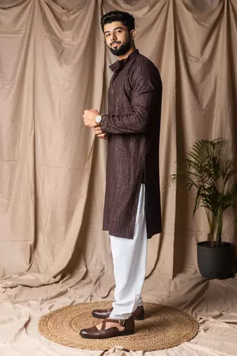 Dark brown color rayon fabric festive wear ethnic men's embroidered kurta payjama