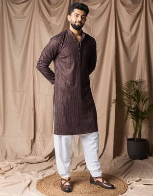 Dark brown color rayon fabric festive wear ethnic men's embroidered kurta payjama 5