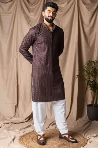 Dark brown color rayon fabric festive wear ethnic men's embroidered kurta payjama