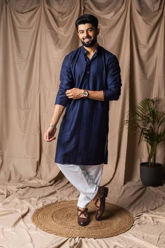 Navy blue color rayon fabric festive wear ethnic men's embroidered kurta payjama