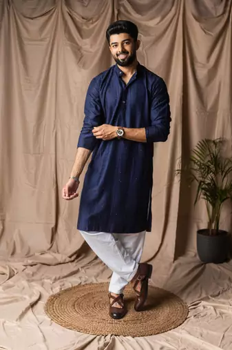 Navy blue color rayon fabric festive wear ethnic men's embroidered kurta payjama