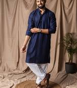 Navy blue color rayon fabric festive wear ethnic men's embroidered kurta payjama