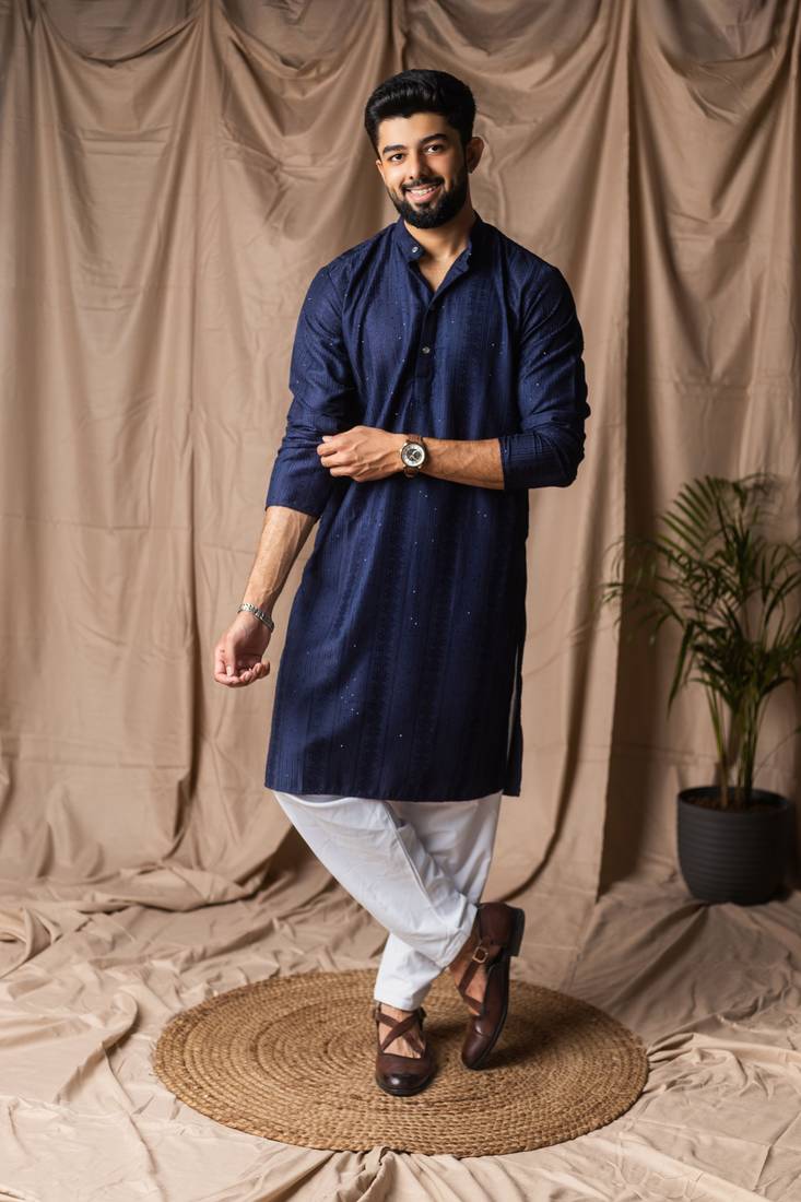 Navy blue color rayon fabric festive wear ethnic men's embroidered kurta payjama
