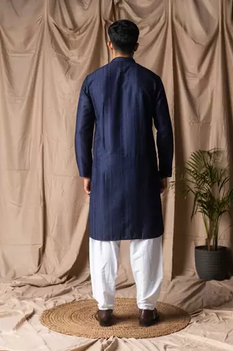 Navy blue color rayon fabric festive wear ethnic men's embroidered kurta payjama