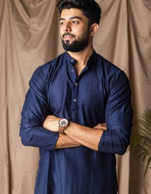 Navy blue color rayon fabric festive wear ethnic men's embroidered kurta payjama 3