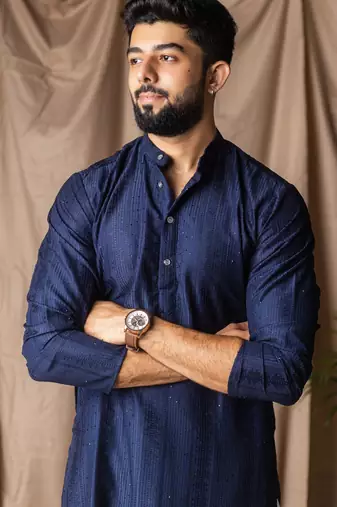 Navy blue color rayon fabric festive wear ethnic men's embroidered kurta payjama