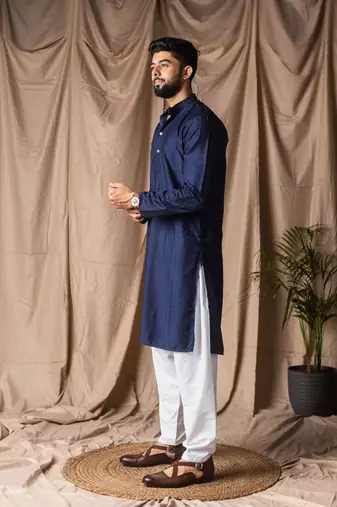 Navy blue color rayon fabric festive wear ethnic men's embroidered kurta payjama