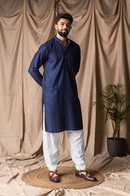Navy blue color rayon fabric festive wear ethnic men's embroidered kurta payjama 5