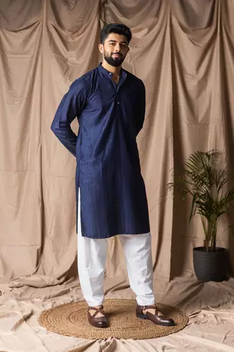 Navy blue color rayon fabric festive wear ethnic men's embroidered kurta payjama