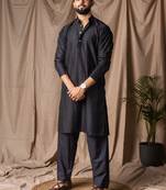 Black color rayon fabric festive wear ethnic men's embroidered kurta payjama