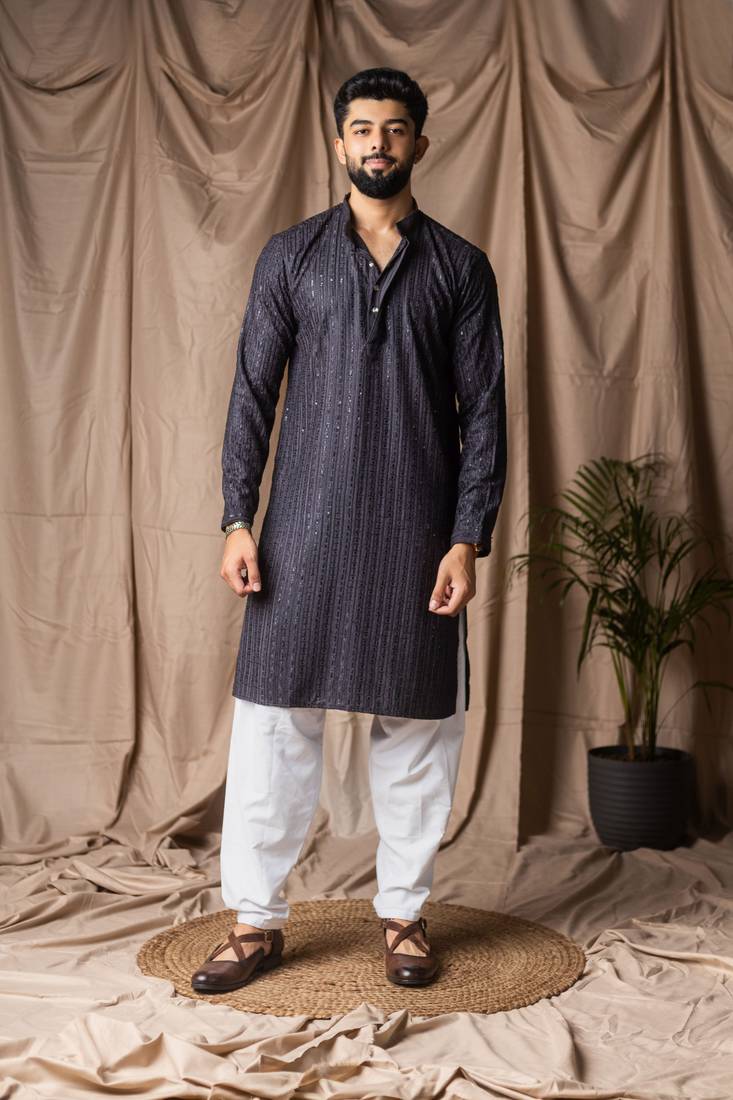 Dark blue color rayon fabric festive wear ethnic men's embroidered kurta payjama