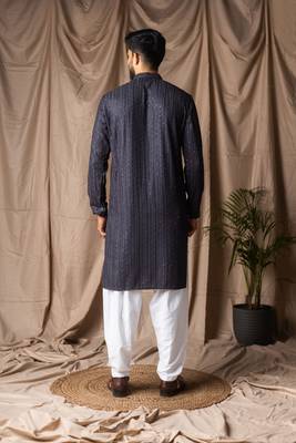 Dark blue color rayon fabric festive wear ethnic men's embroidered kurta payjama 2