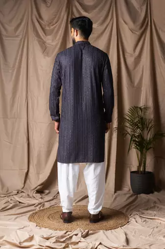 Dark blue color rayon fabric festive wear ethnic men's embroidered kurta payjama