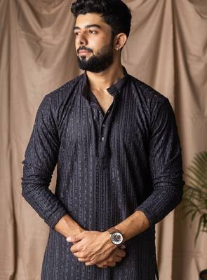 Dark blue color rayon fabric festive wear ethnic men's embroidered kurta payjama 3