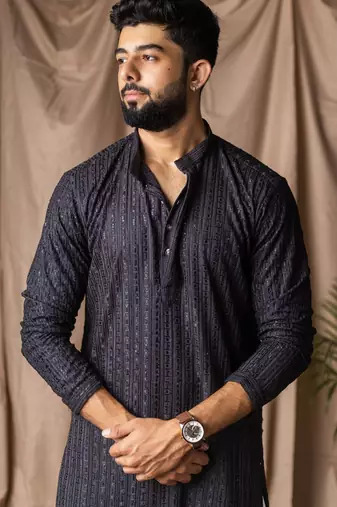 Dark blue color rayon fabric festive wear ethnic men's embroidered kurta payjama