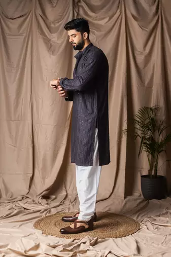 Dark blue color rayon fabric festive wear ethnic men's embroidered kurta payjama