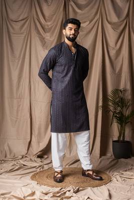Dark blue color rayon fabric festive wear ethnic men's embroidered kurta payjama 5