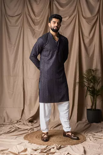 Dark blue color rayon fabric festive wear ethnic men's embroidered kurta payjama