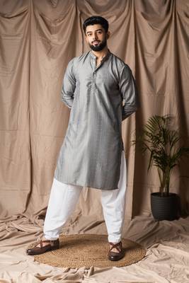 Grey color rayon fabric festive wear ethnic men's embroidered kurta payjama 1