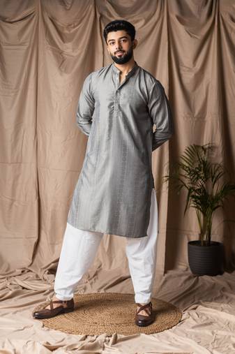 Grey color rayon fabric festive wear ethnic men's embroidered kurta payjama