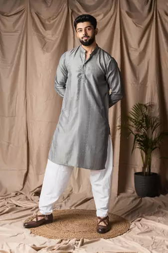 Grey color rayon fabric festive wear ethnic men's embroidered kurta payjama