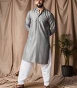Grey color rayon fabric festive wear ethnic men's embroidered kurta payjama