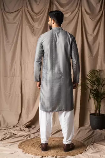 Grey color rayon fabric festive wear ethnic men's embroidered kurta payjama