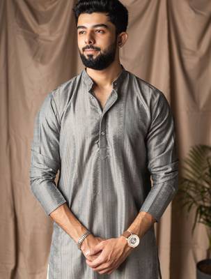 Grey color rayon fabric festive wear ethnic men's embroidered kurta payjama 3