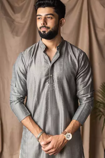 Grey color rayon fabric festive wear ethnic men's embroidered kurta payjama