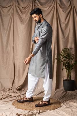 Grey color rayon fabric festive wear ethnic men's embroidered kurta payjama 4