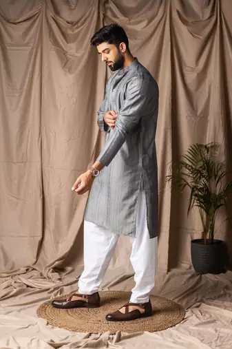 Grey color rayon fabric festive wear ethnic men's embroidered kurta payjama
