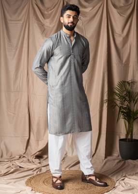 Grey color rayon fabric festive wear ethnic men's embroidered kurta payjama 5
