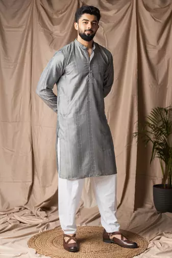Grey color rayon fabric festive wear ethnic men's embroidered kurta payjama